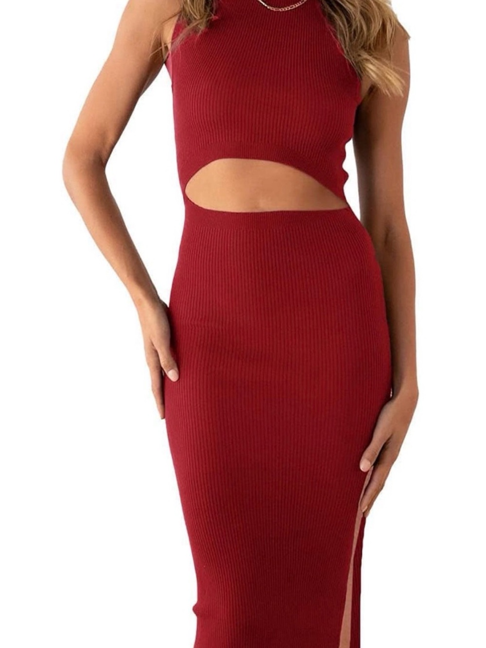 Sleeveless Cutout Ribbed Midi Dress - Red